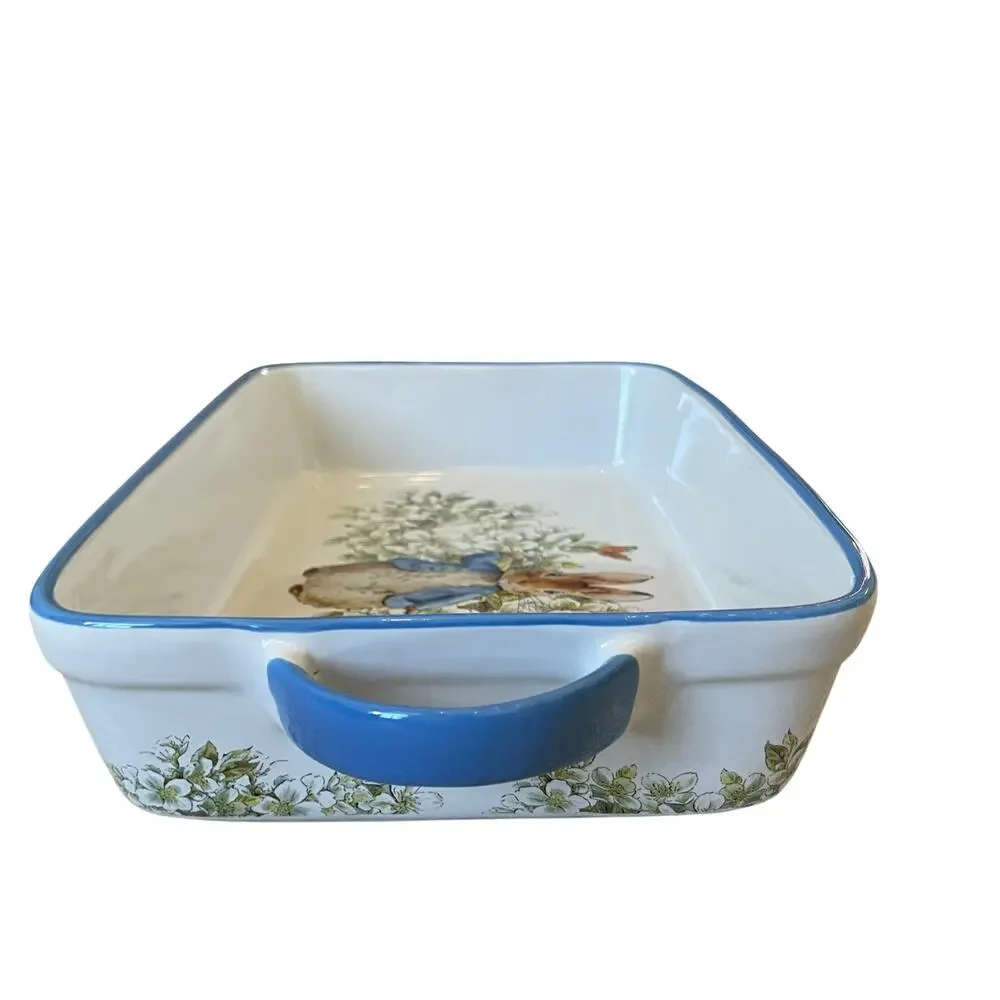 Beatrix Potter Peter Rabbit Rectangular Ceramic Baker Blue Rim Easter  NEW